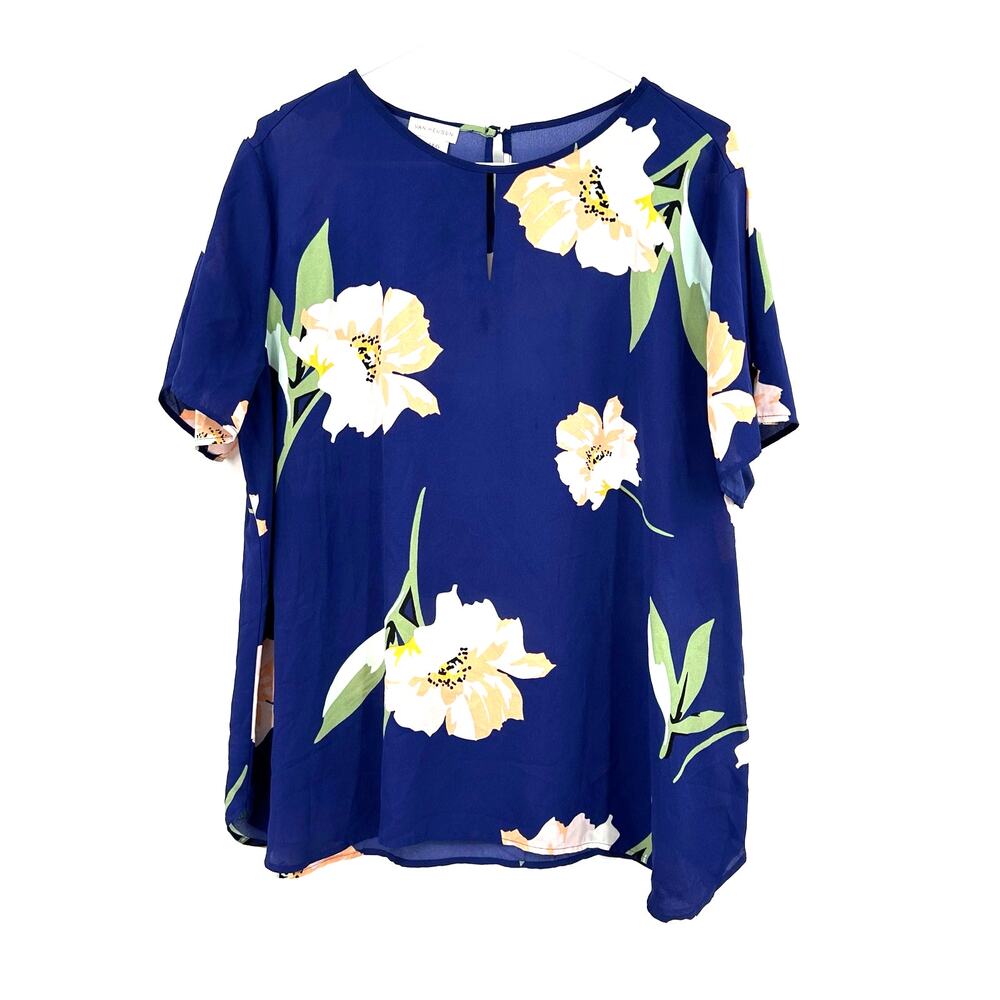 Van Heusen Size XL Blouse Blue White Floral Short Sleeve Keyhole Neck Loose